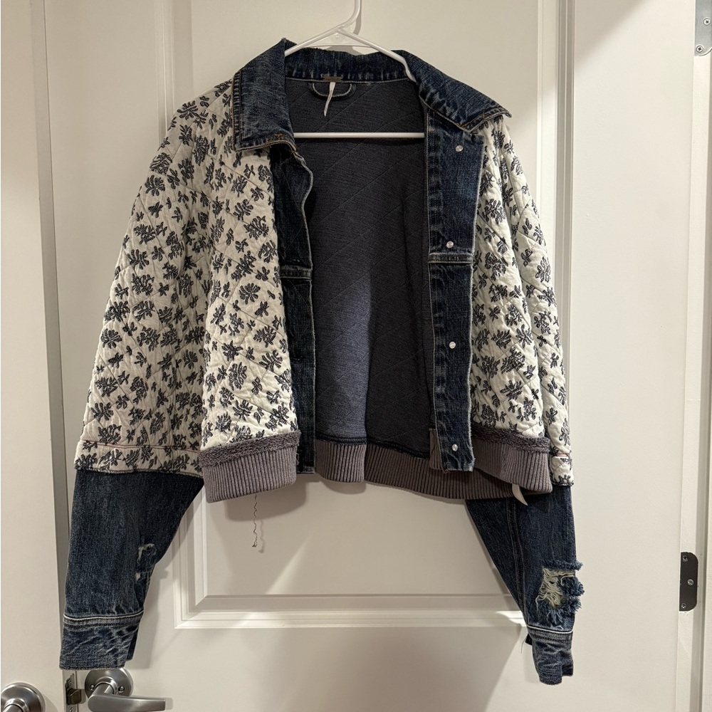 Free People Blue and Cream Floral Jean Jacket